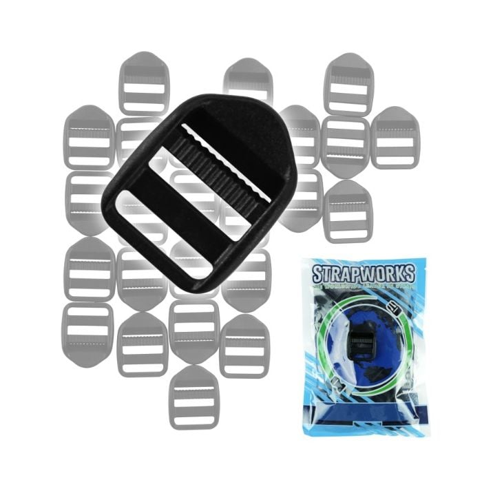 1 Inch Black Plastic Strap Adjusters, Single Adjust, 25 Pack
