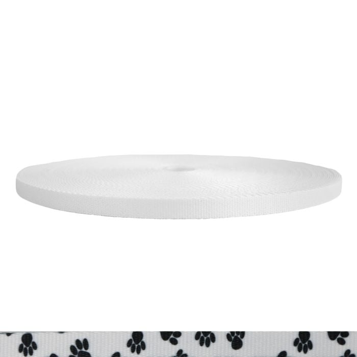 1/2 Inch Picture Quality Polyester Webbing Puppy Paws: Black on White