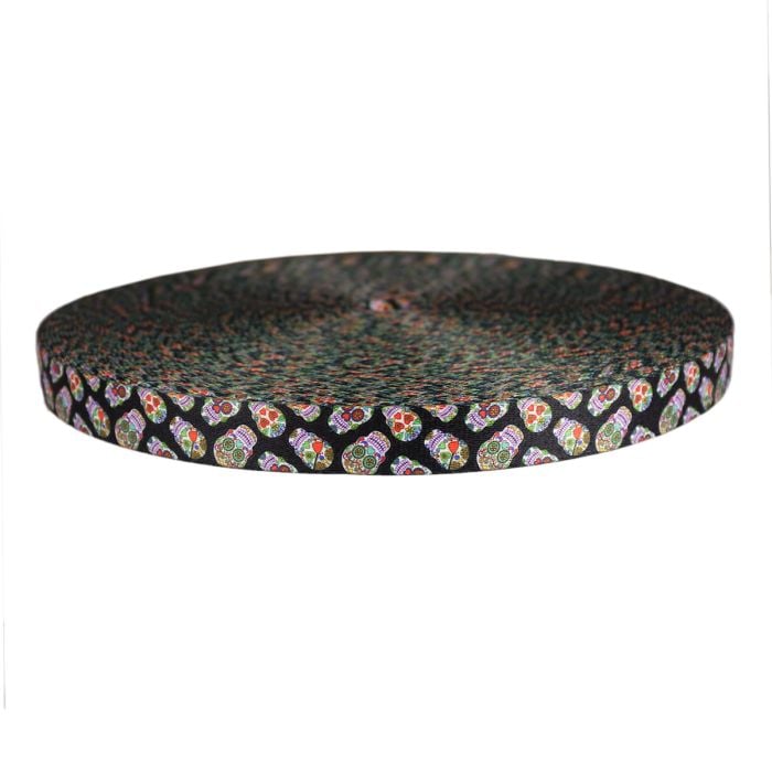 3/4 Inch Picture Quality Polyester Webbing Sugar Skulls Black