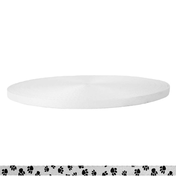 3/8 Inch Picture Quality Polyester Webbing Puppy Paws: Black on White