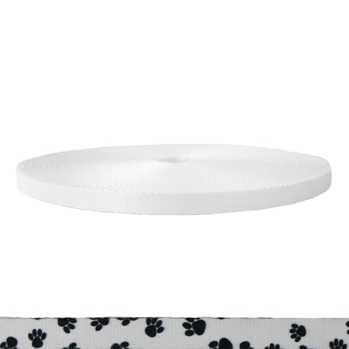 5/8 Inch Picture Quality Polyester Webbing Puppy Paws: Black on White