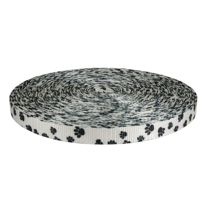 3/4 Inch Utility Polyester Webbing Puppy Paws: Black on White