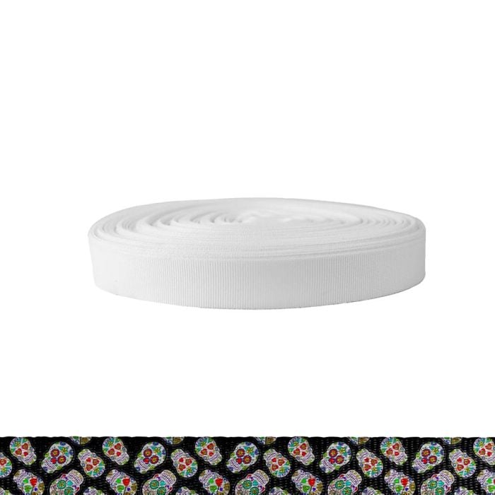 3/4 Inch Polyester Ribbon Sugar Skulls Black