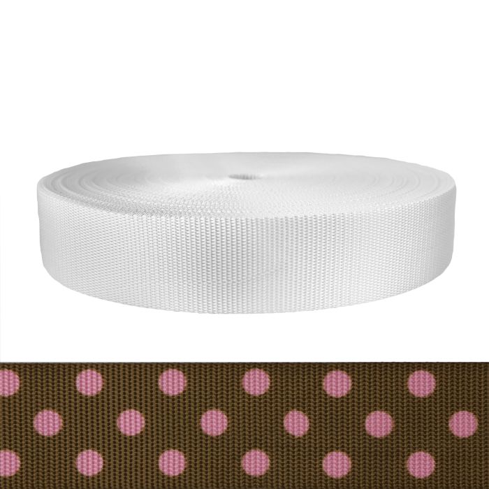 2 Inch Utility Polyester Webbing Polka Dots: Pink on Brown