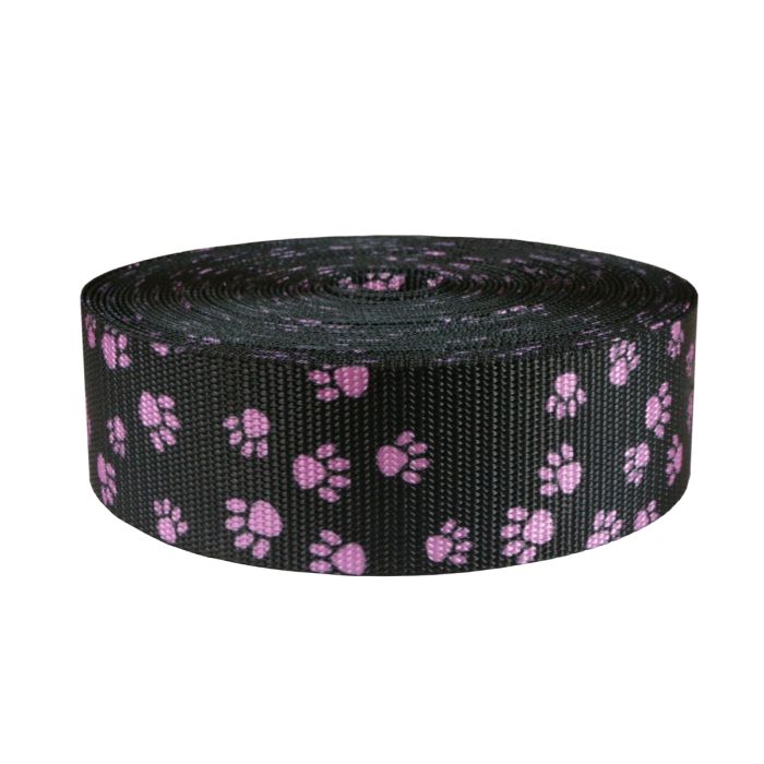 2 Inch Utility Polyester Webbing Puppy Paws: Pink on Black