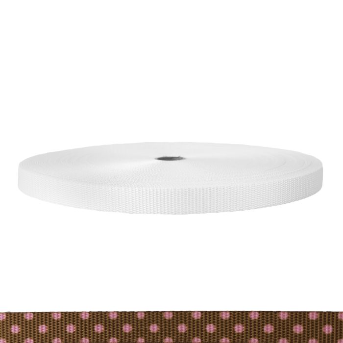 3/4 Inch Utility Polyester Webbing Polka Dots: Pink on Brown