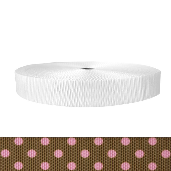 1-1/2 Inch Utility Polyester Webbing Polka Dots: Pink on Brown