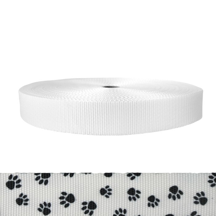 1-1/2 Inch Utility Polyester Webbing Puppy Paws: Black on White