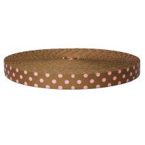 1-1/2 Inch Picture Quality Polyester Webbing Polka Dots: Pink on Brown